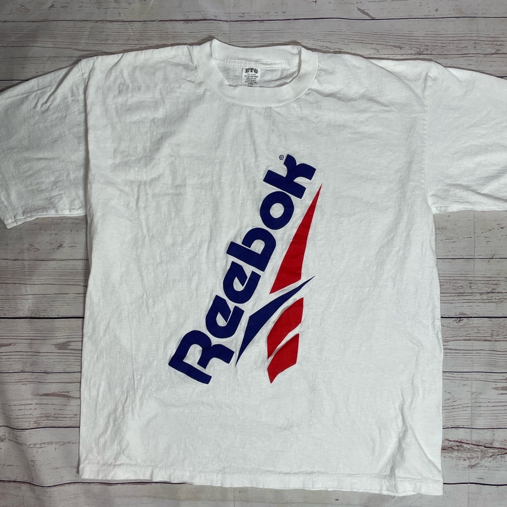 Vintage XL Tshirt Single Stitch Reebok White Red‎ Short Sleeve Tee Logo Graphic